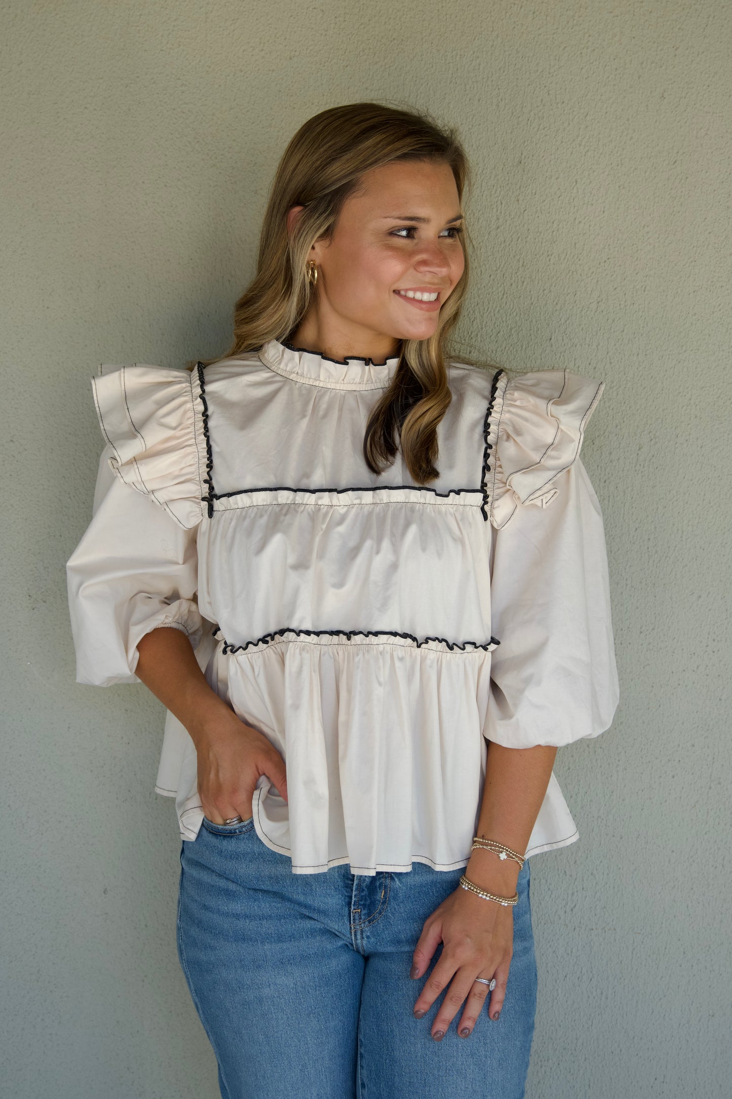 Madison Ivory Ruffled High Neck Blouse