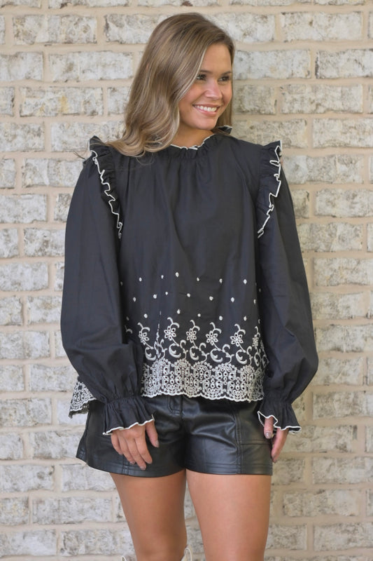 Black Ruffled Eyelet Top