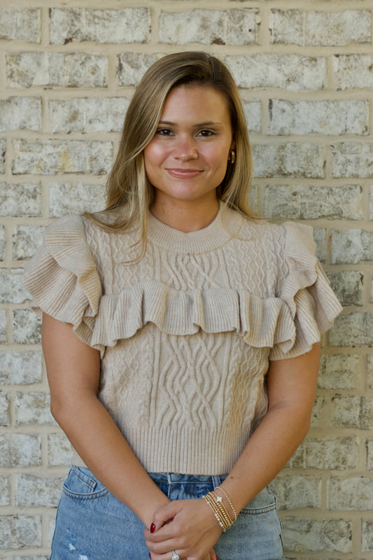 Sleeveless Ruffled Tan Sweater